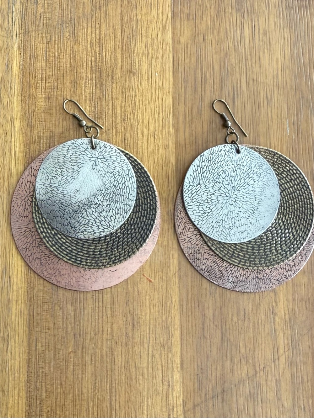 Vintage Layered Metallic Disc Drop Earrings - Silver, Bronze & Rose